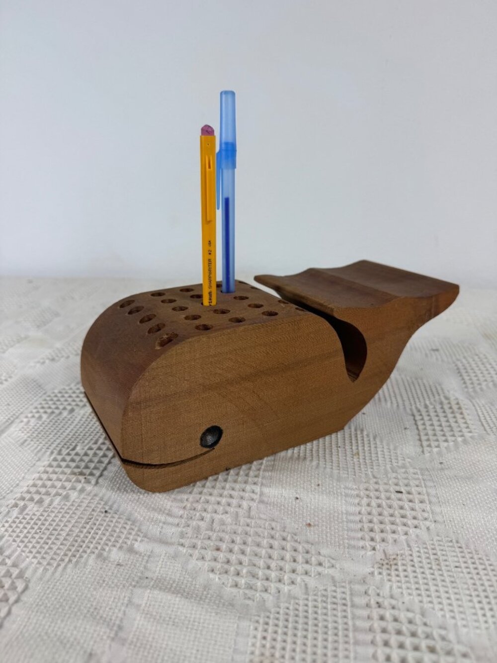 Wooden Whale Shaped Pen or Pencil Holder w 24 holes for Desk Organization Decor